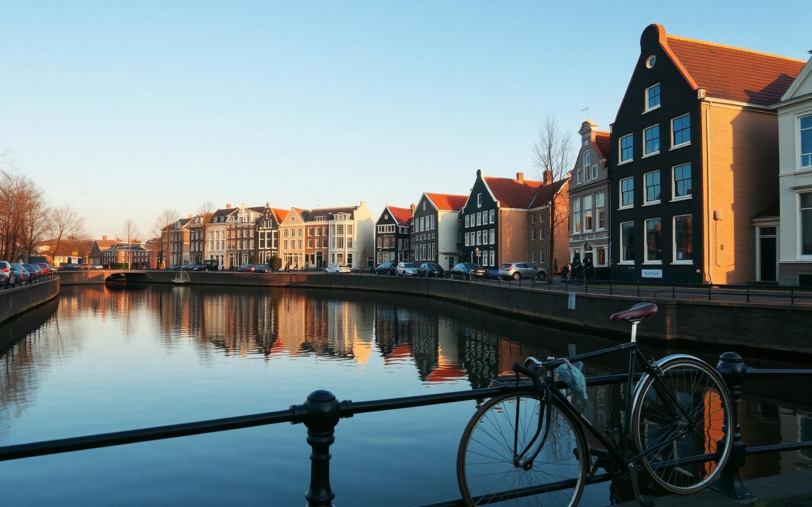 オランダの運河沿いに並ぶ伝統的な家並みと自転車。アムステルダム風の街並み